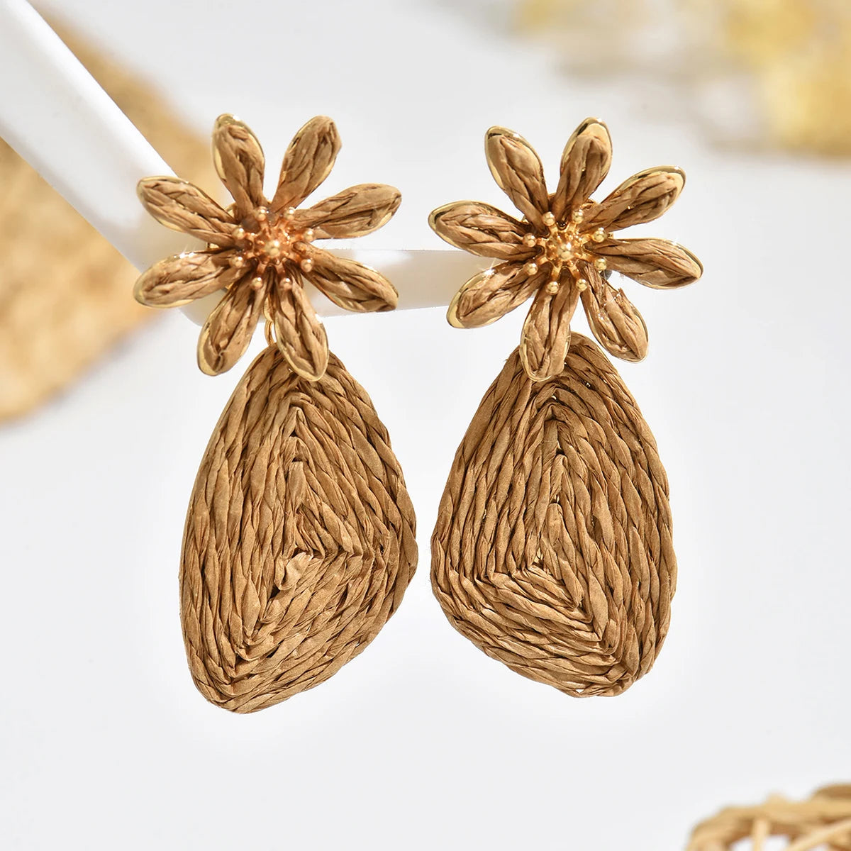 Bohemian Raffia Flower Drop Earrings | Handmade Summer Jewelry additional angle