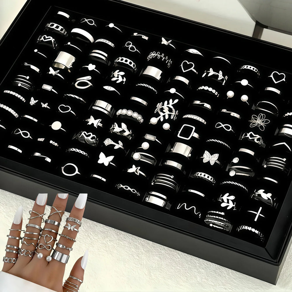 10/20/30/50/100Pieces Fashion Hollow-Out Rings Set For Women Mix Style Trendy Flowe additional angle