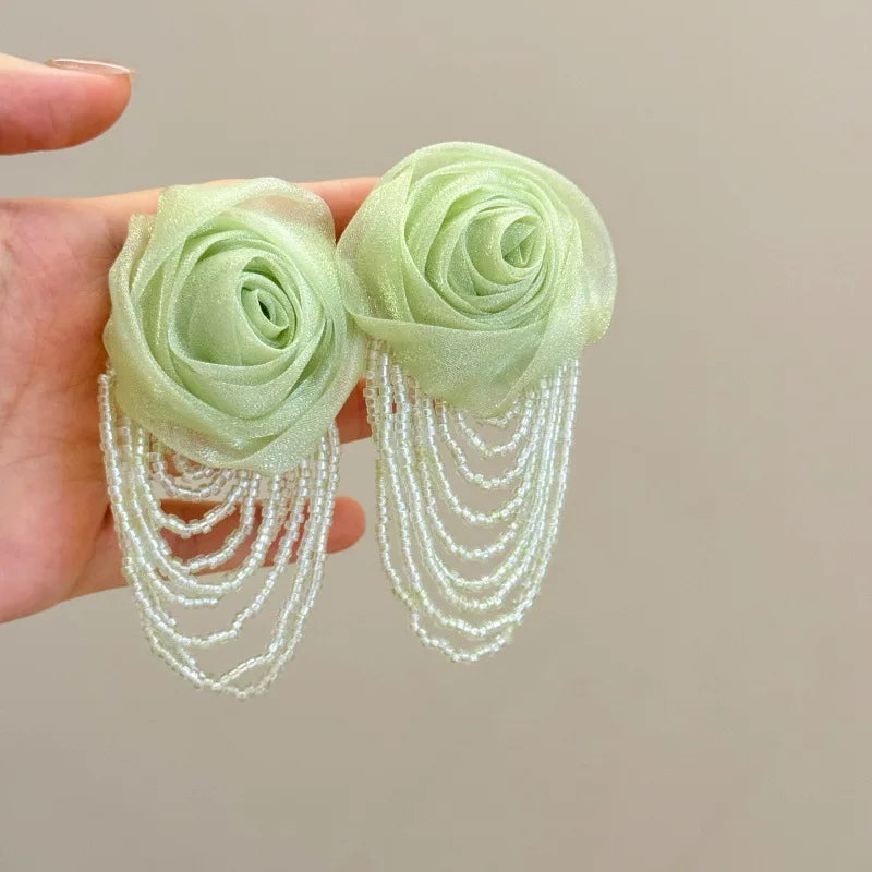 Fairy Mesh Rose Drop Earrings | Handmade Boho Tassel Jewelry additional angle