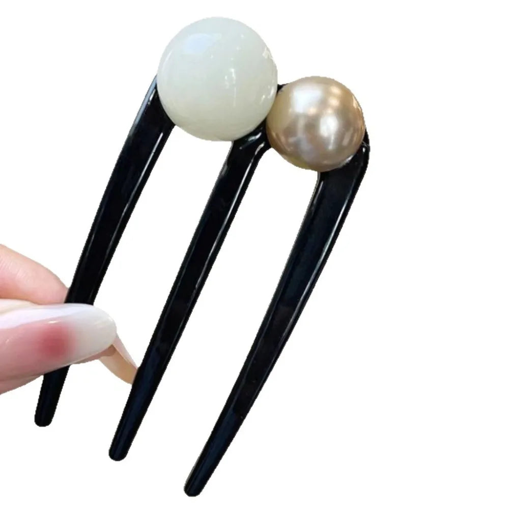 U-Shaped Hairpins French Twist Pearl Beads Hair Stick Hair Clip Acetate Vintage Tortoise Shell Women Hair Bun Pins Headwear Blac