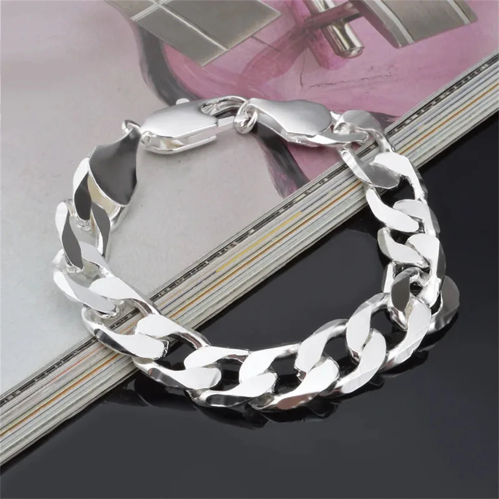 New 925 Sterling Silver Side Side Silver Bracelet 6MM8MM10MM12MM Men's and Women's Jewel detail view