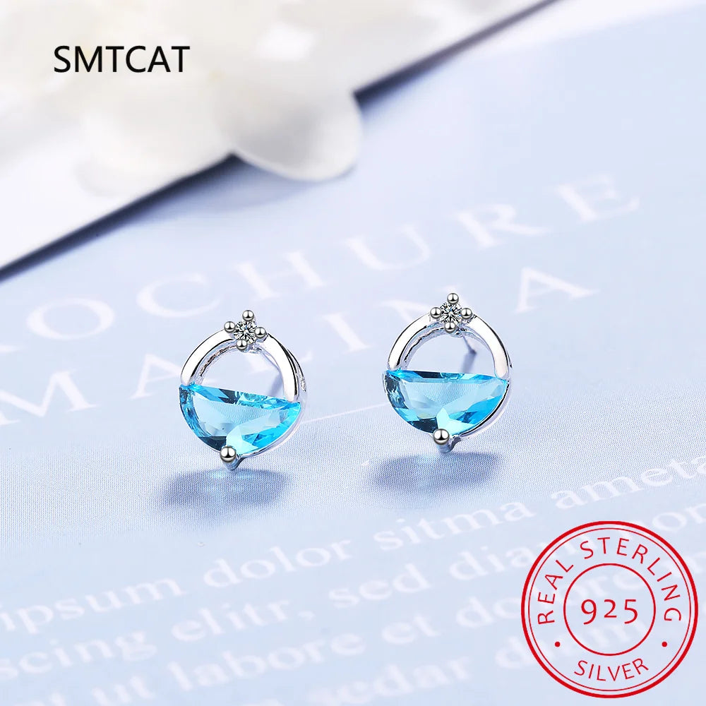 Half Round Natural Sky London Blue Topaz 925 Sterling Silver Spring Water Stud Earrin alternate view