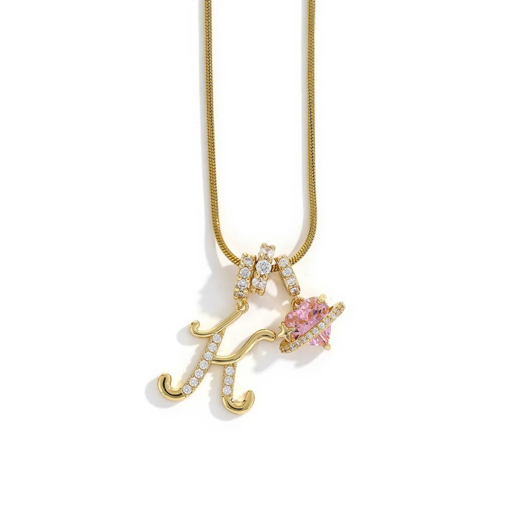 Gold Color Zircon Flower Pendant Necklace Female A-Z 26 Letter Alphabet Wedding Jewel alternate view