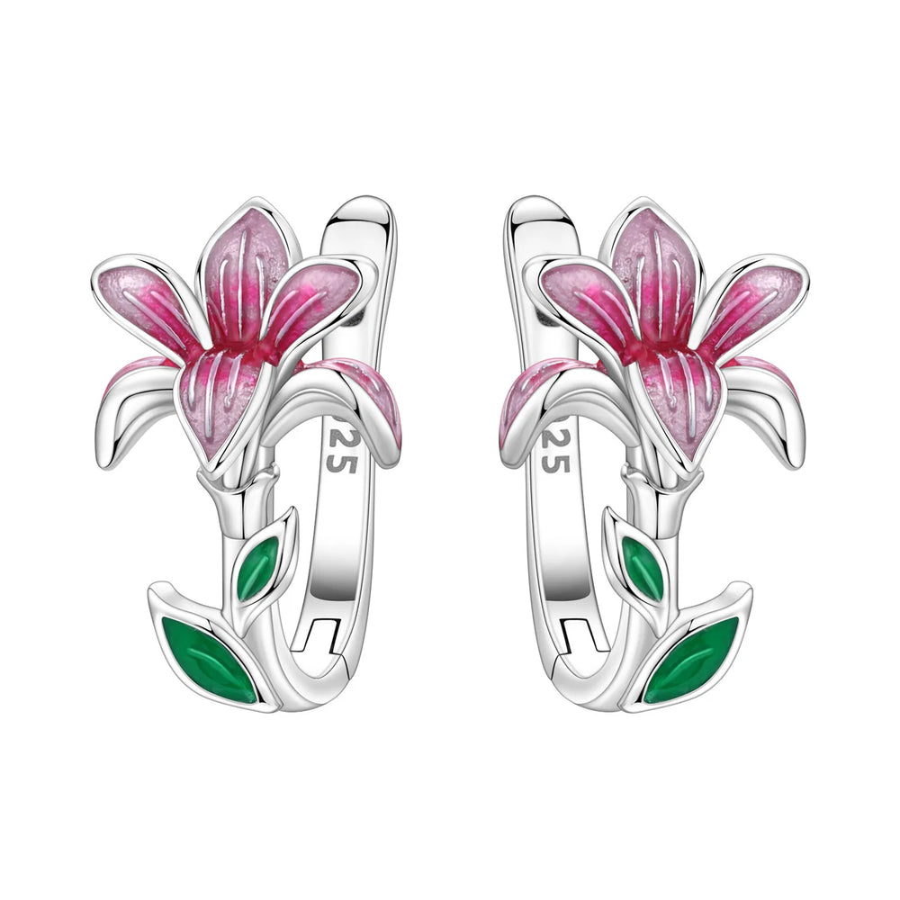 925 Sterling Silver Purple Flowers Plants Leaf Series Blue Iris Flower Earring Hoop Earr detail view