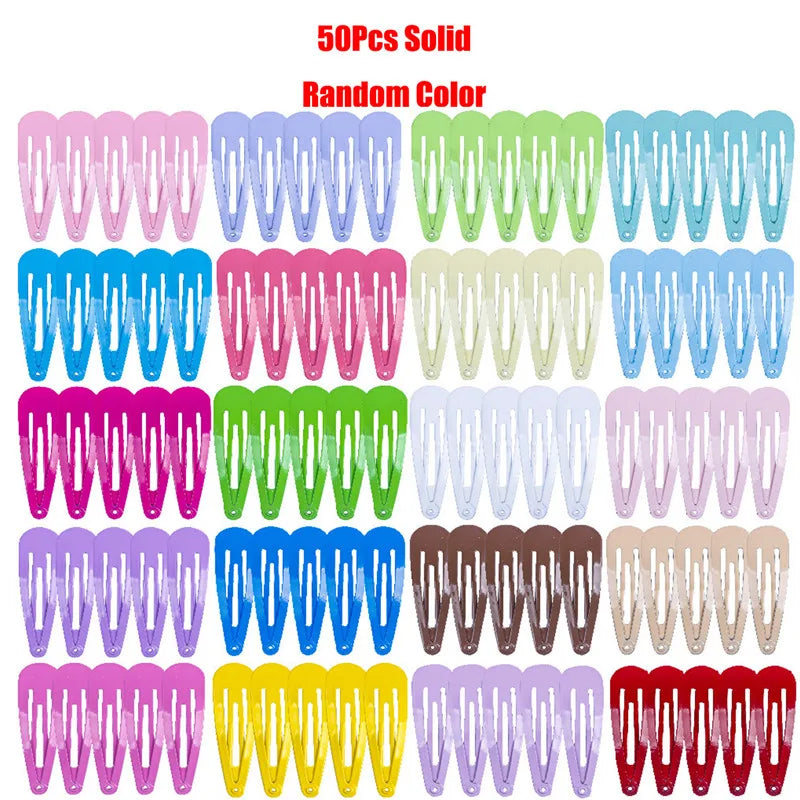 50Pcs/Lot Alloy Hair Accessories Children Hairpin Print Flower Cartoon Hairclip Solid Candy Color Head Barrettes Girls Headdress