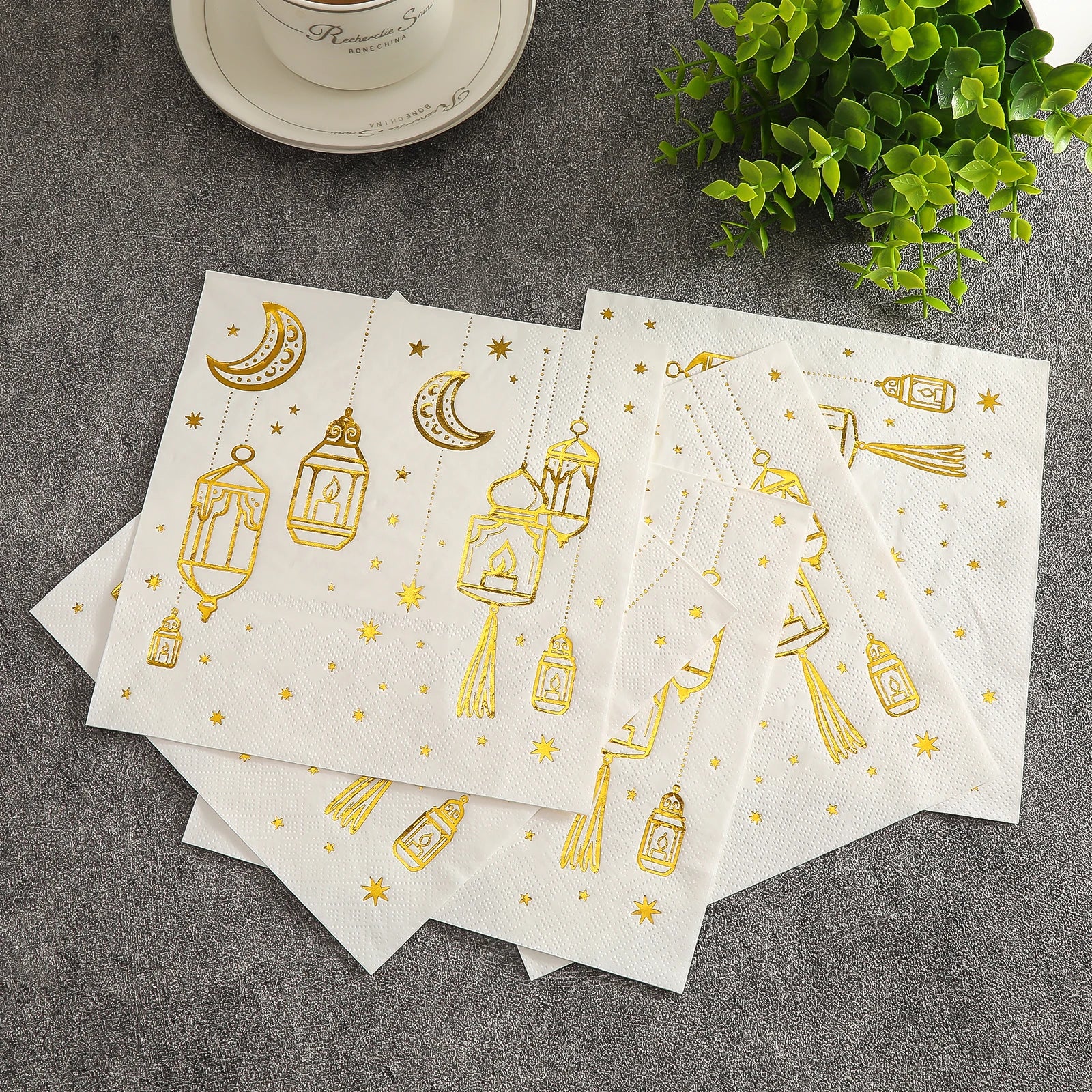 White Paper Napkins with Golden Moon Patterns | Elegant Party Napkins Pack of 20 lifestyle view