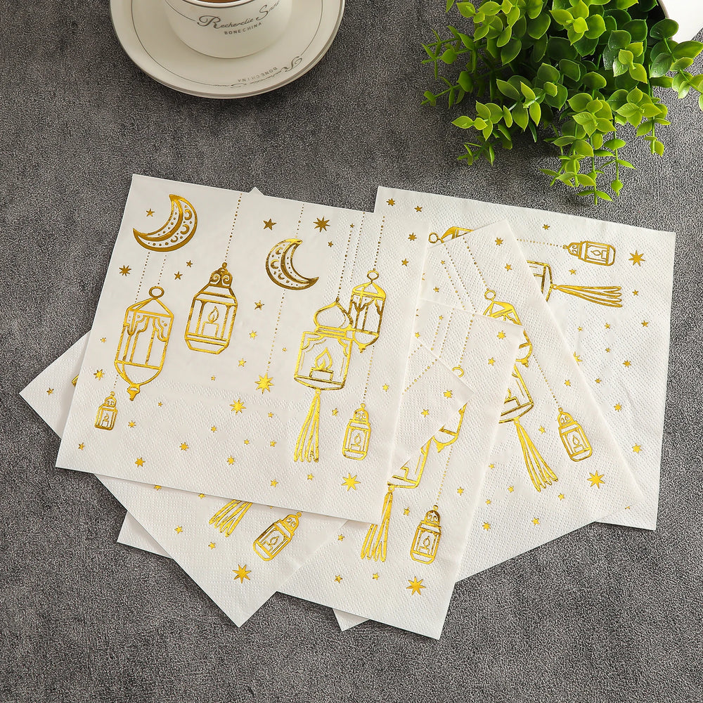 White Paper Napkins with Golden Moon Patterns | Elegant Party Napkins Pack of 20 lifestyle view