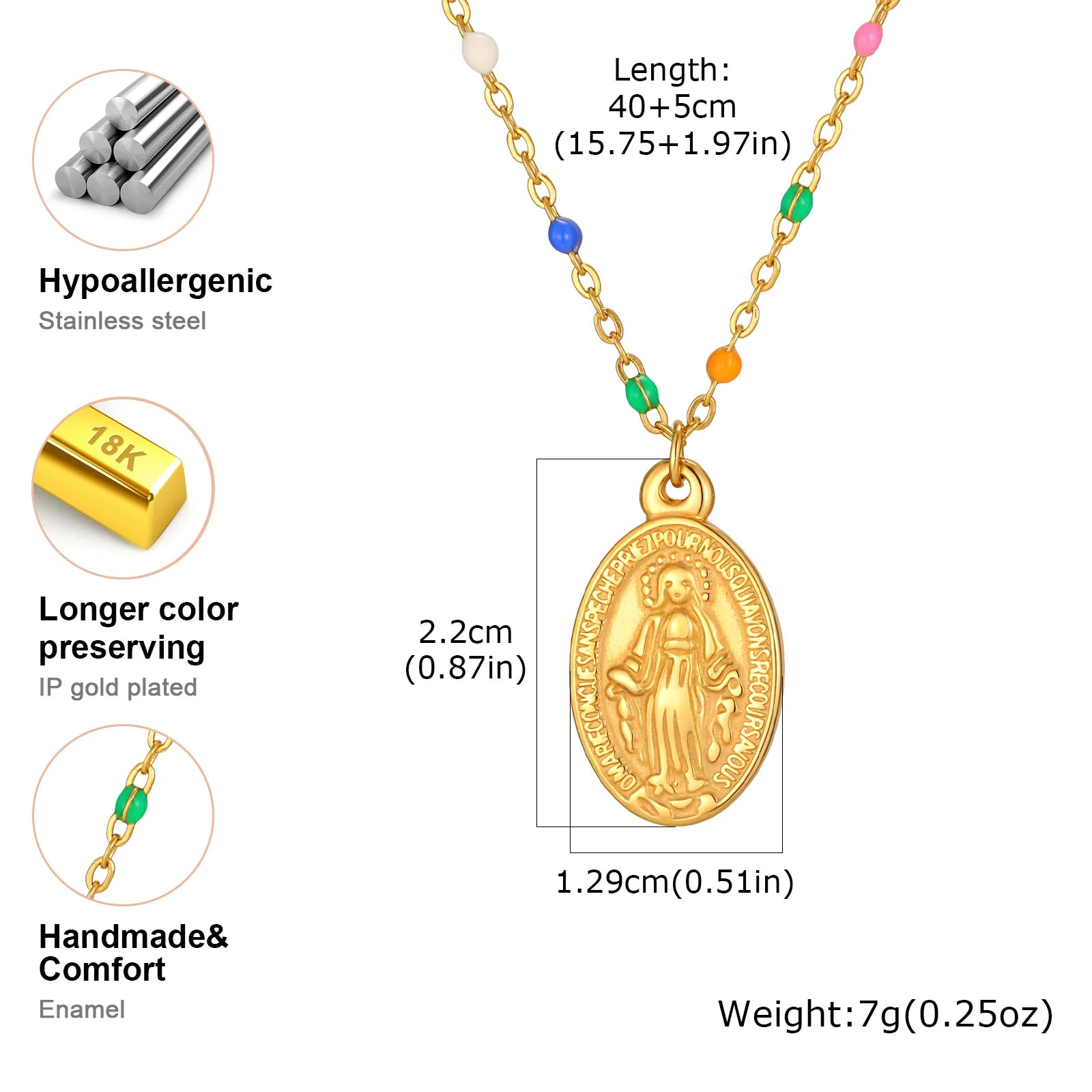 Bohemian Colored Virgin Oval Necklace | Gold Plated Stainless Steel Rosary Chain close-up view
