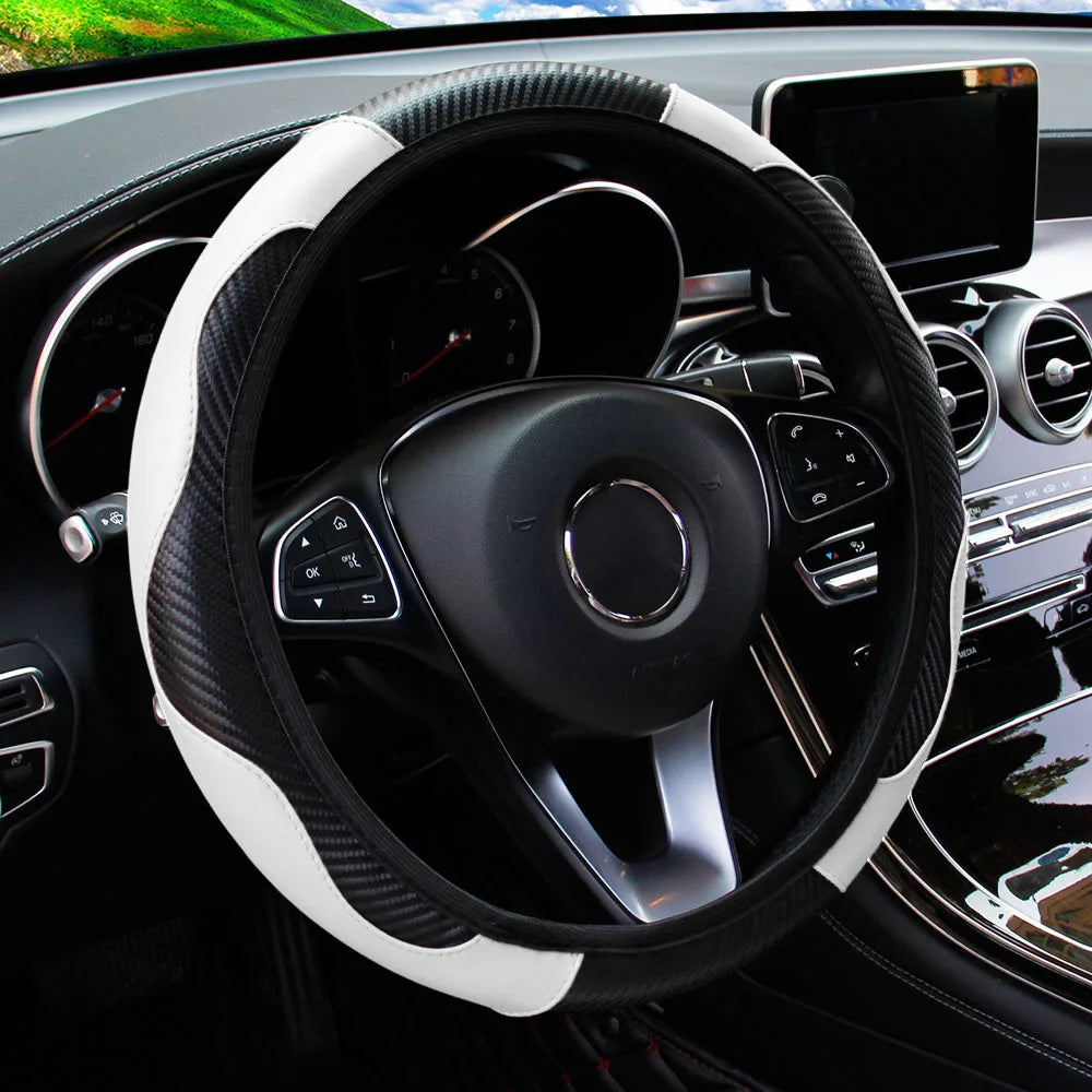 PU Carbon Fiber Leather Car Steering Wheel Cover | 14.5-15 Inch Grip Enhancer additional angle