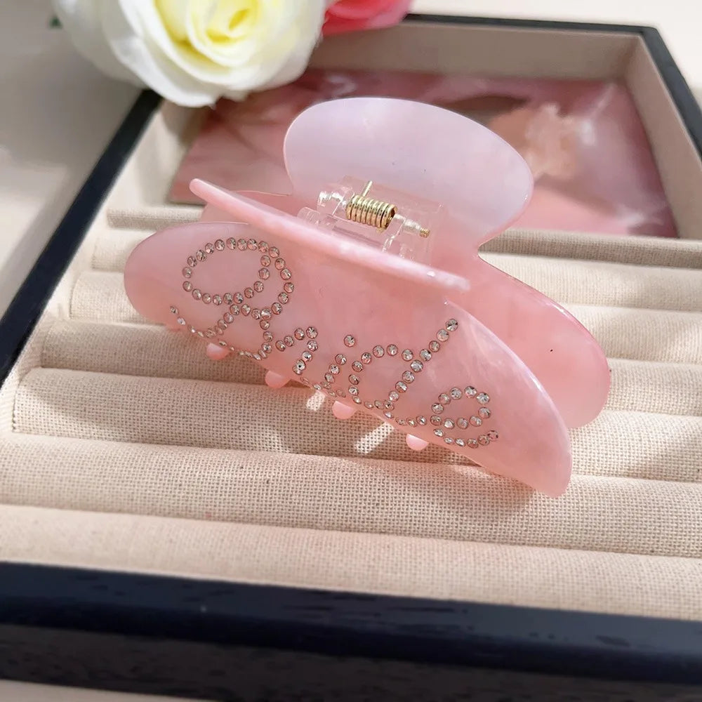 Elegant Shinning Rhinestone Bride Letter Big Acetate Hair Claw Clips for Women White P close-up view