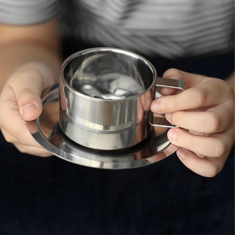 1pc 180/200ml Coffee Cup Double Layer Hot Resistant Coffee Cup Set Stainless Steel Tea close-up view