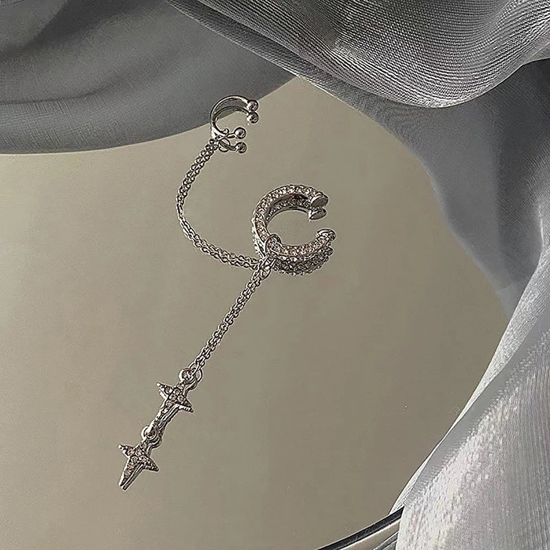 Shiny Silver Color Crystal Tassel Non-Piercing Cuff Ear Clip Earring For Women Rhineston detail view