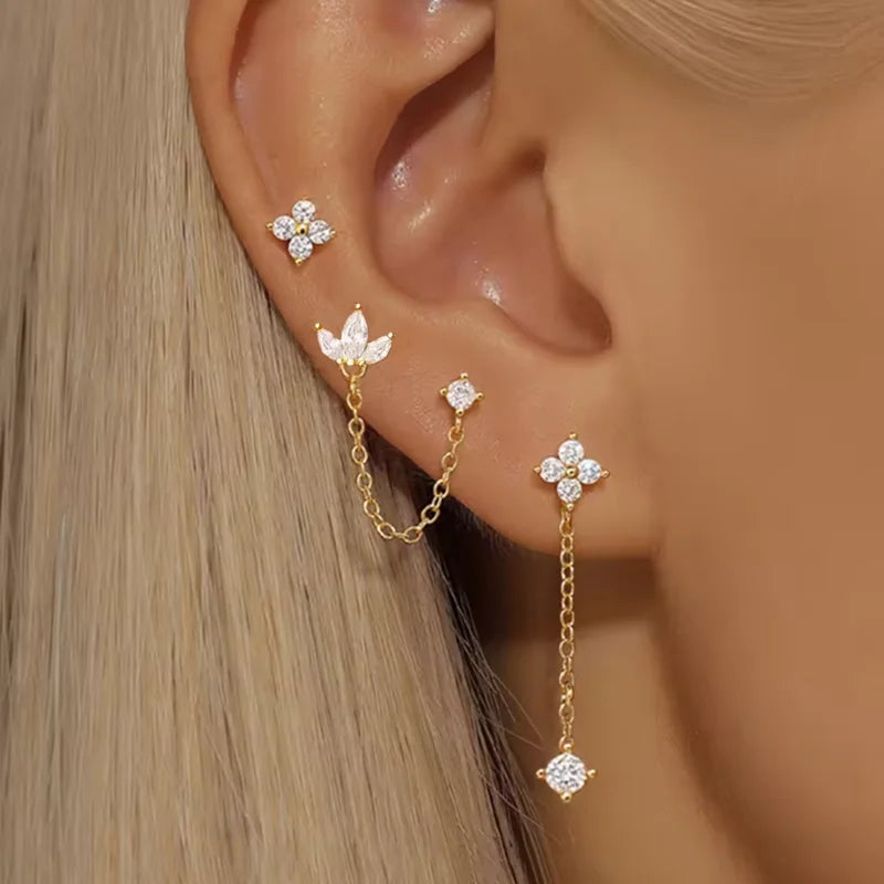 3PCS Stainless Steel Crown Chain Tassel Zircon Drop Earring Flower Ear Stud For Women lifestyle view