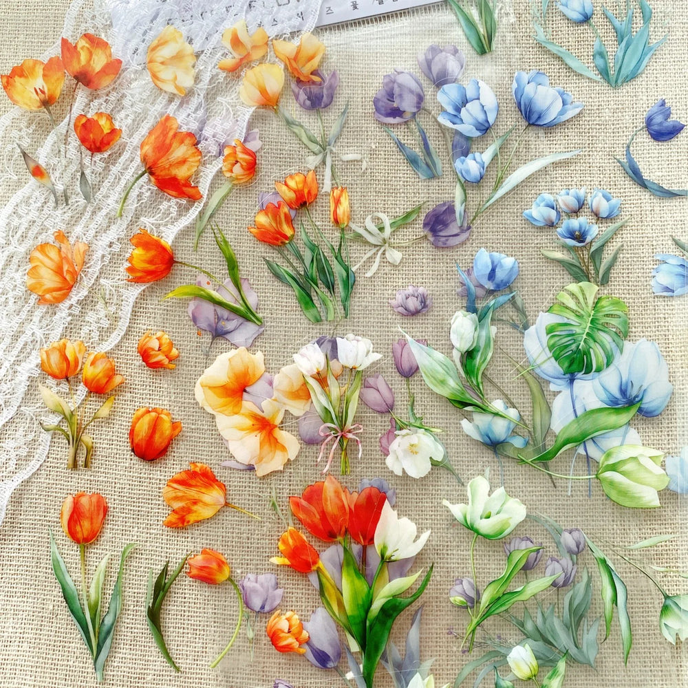 Transparent Flower Stickers Set | 6 Sheets PET Stickers for Scrapbook and Junk Journal close-up view
