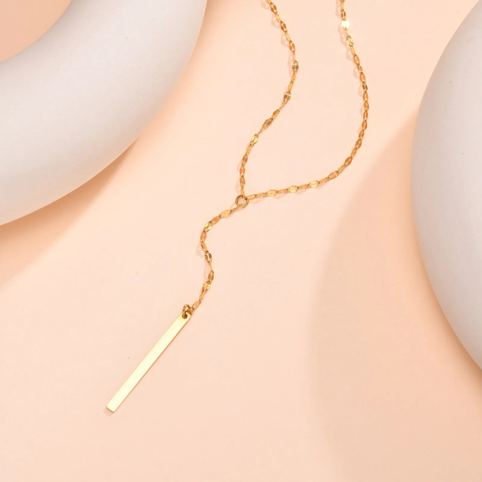 Drop Y Lariat Necklace with Bar Pendant, Stainless Steel Long Chain, Womens Necklaces lifestyle view