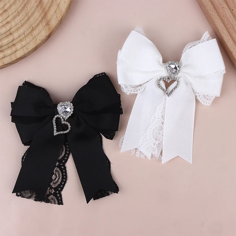 Women's Lace Bow Tie Brooches Hairclip Heart Shape Rhinestone Pendant Lolita Skirt Acc close-up view