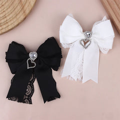 Women's Lace Bow Tie Brooches Hairclip Heart Shape Rhinestone Pendant Lolita Skirt Acc close-up view