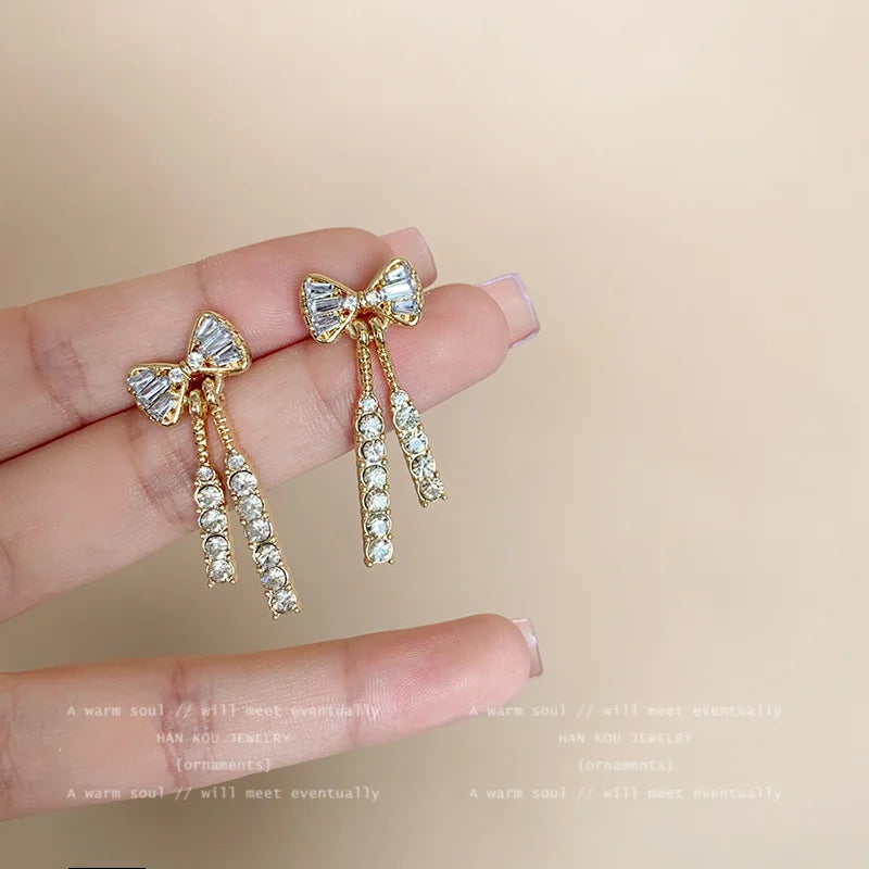 Gold Color Shiny Bow Stud Earrings For Women Fashion Exquisite Dainty Rhinestone Bo additional angle