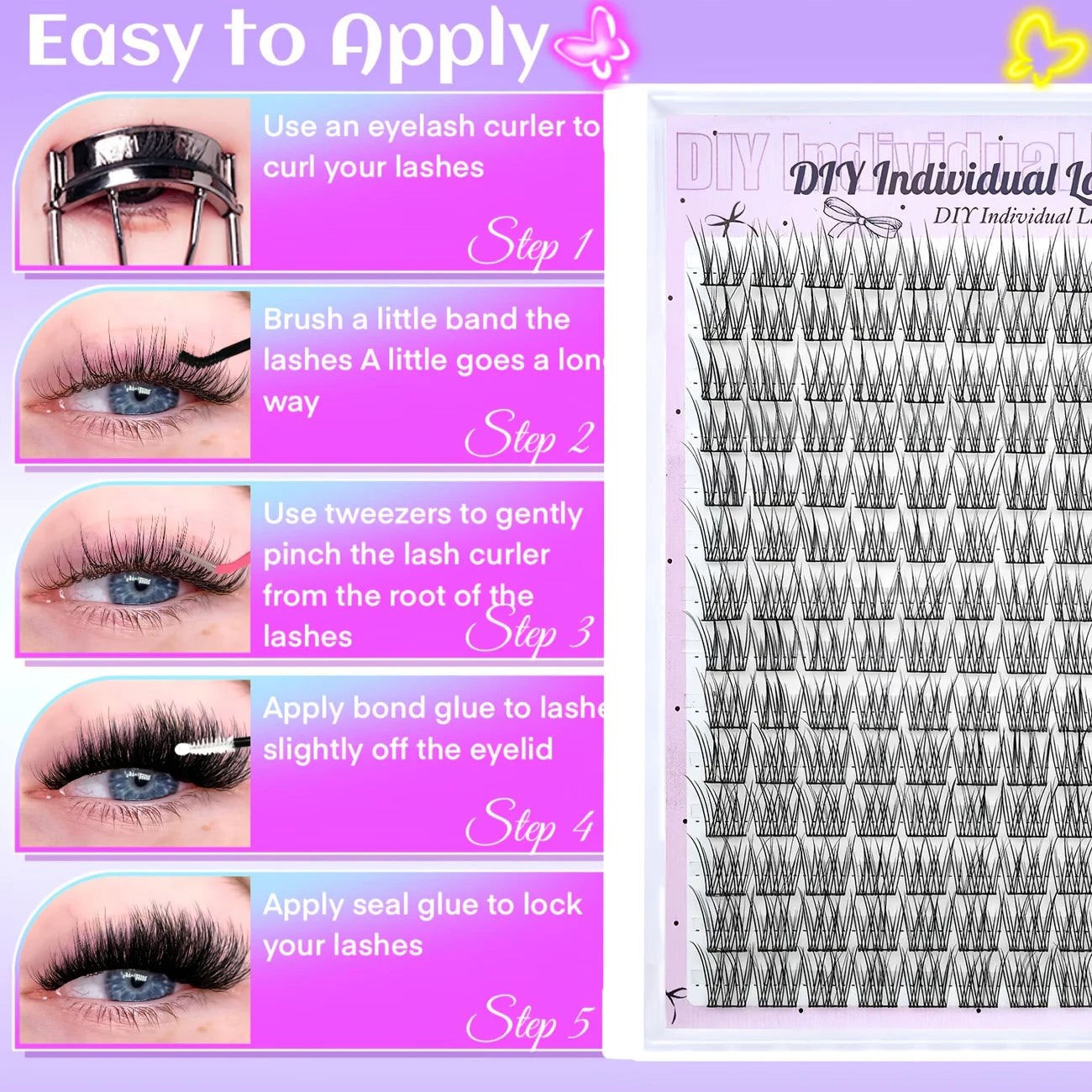 168 Lashes, C-Curl/D-Curl Mixed-Length Natural Volume, DIY Self-Application Eyelash Extensions  Individual Lash Applications