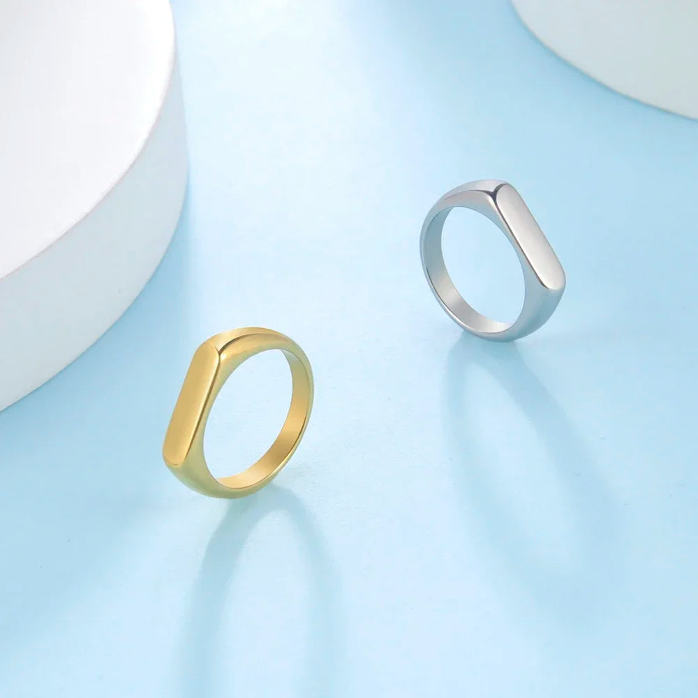 Skyrim Minimalist Signet Rings Women Men Stainless Steel Wide Rectangle Geometric Ring close-up view