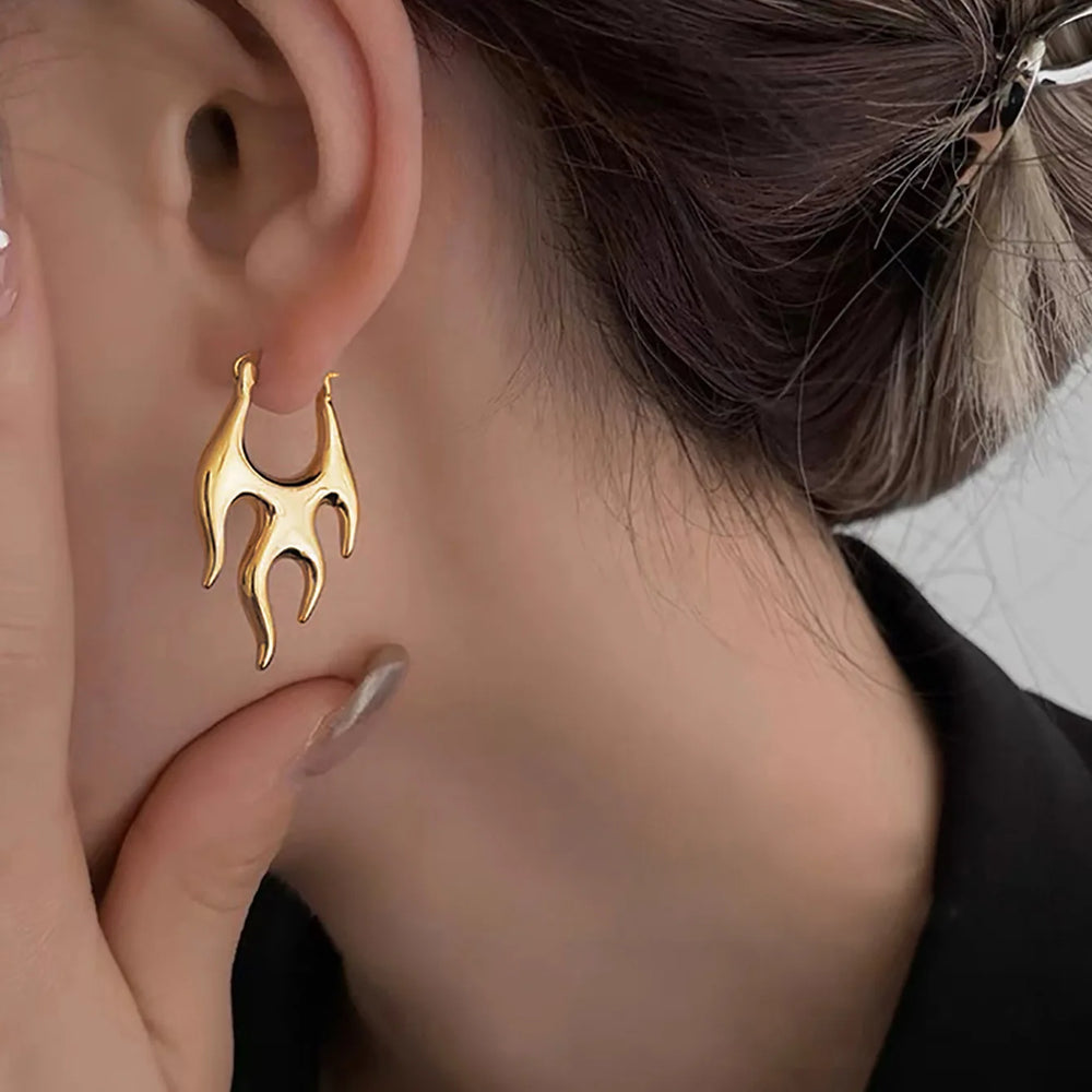 Gothic Punk Gold Flame Hoop Earrings for Women | Exaggerated Geometric Piercing Jewel lifestyle view