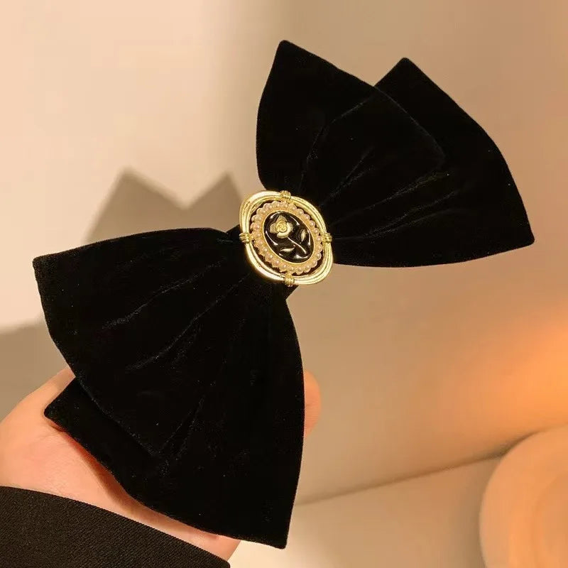 French Beautiful Barrette for Woman Black Elegant Velvet Ribbon Bowknot Party Hairpins Hair Accessories