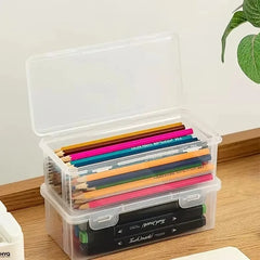 transparent PP storage boxes with lids, used for storing office supplies, pencils, and crafts