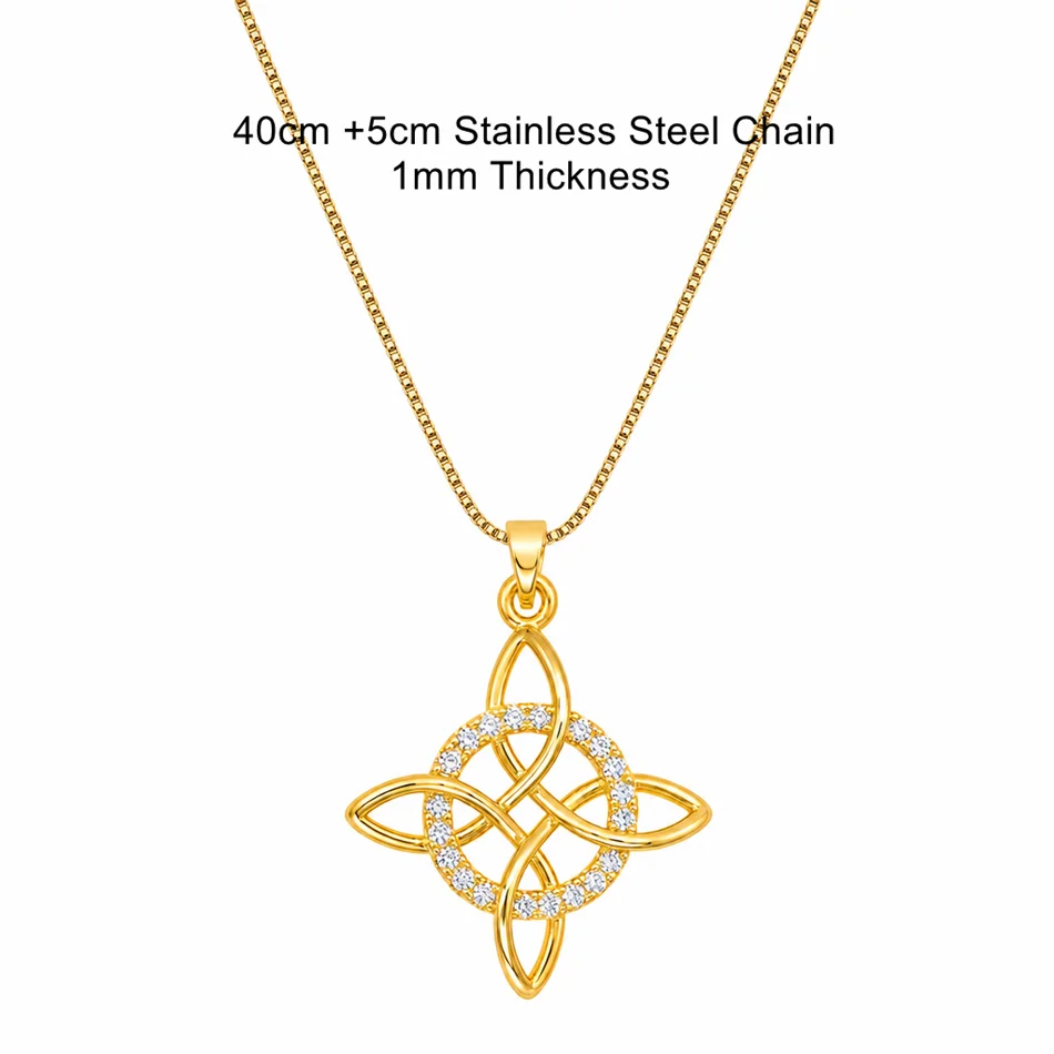 Witch Knot Pendant Necklace Stainless Steel Chain CZ Celtic 4 Elements Protection Amul close-up view