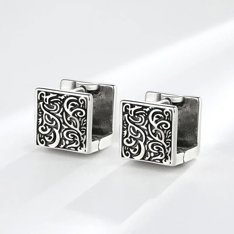 Vintage Ethnic Thai Silver Square Hoop Huggie Earrings for Women Men Chic Pattern Square Earring Hip Hop Rock Rap Cool Jewelry