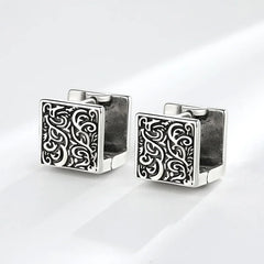 Vintage Ethnic Thai Silver Square Hoop Huggie Earrings for Women Men Chic Pattern Square Earring Hip Hop Rock Rap Cool Jewelry