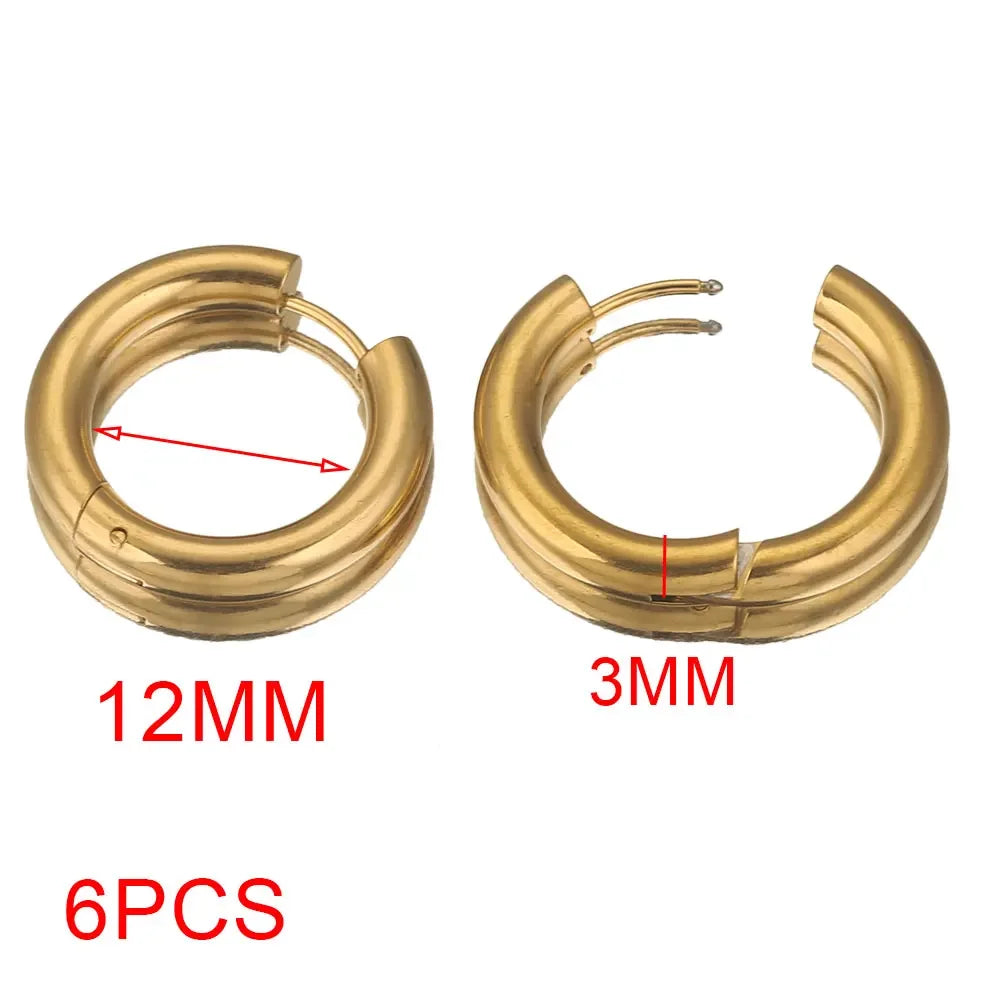 6pcs Stainless Steel 4mm Thick Earrings Gold Plated Large Round Korean Ear Rings Hoop close-up view