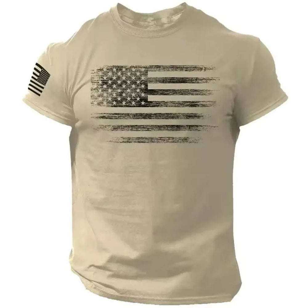 Retro American Flag T-Shirt | Casual Short Sleeve Pullover for Men close-up view
