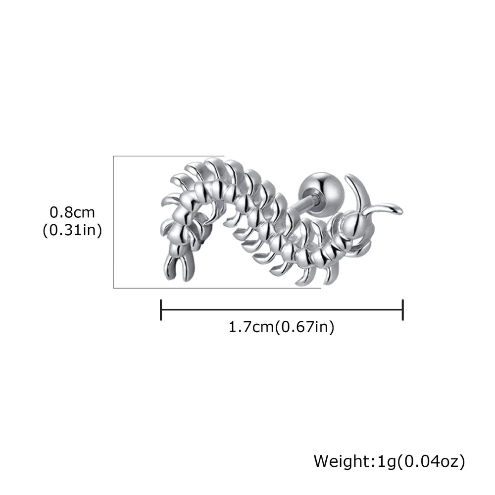 Strange Centipede Stud Earrings Punk Hip Hop Metal Jewelry for Men And Women Unique Go close-up view