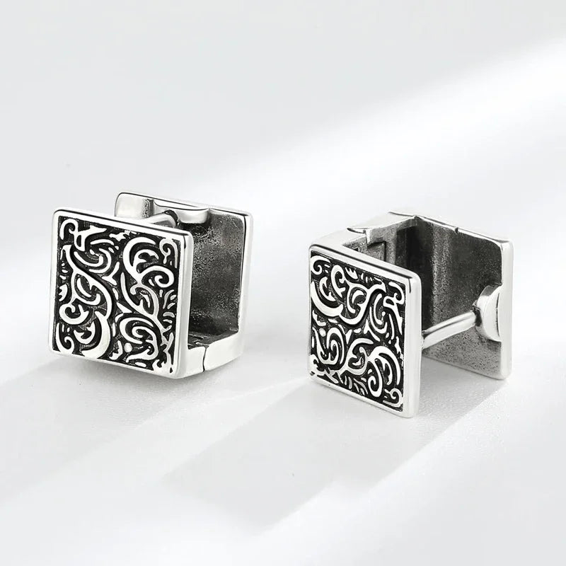 Vintage Ethnic Thai Silver Square Hoop Huggie Earrings for Women Men Chic Pattern Square Earring Hip Hop Rock Rap Cool Jewelry