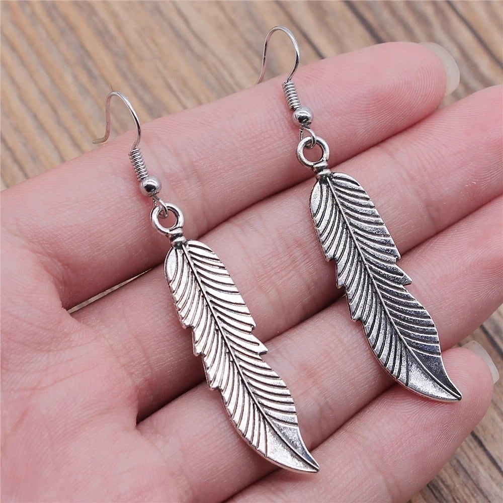 Vintage Feather Dangle Earrings | Boho Drop Earrings for Women detail view