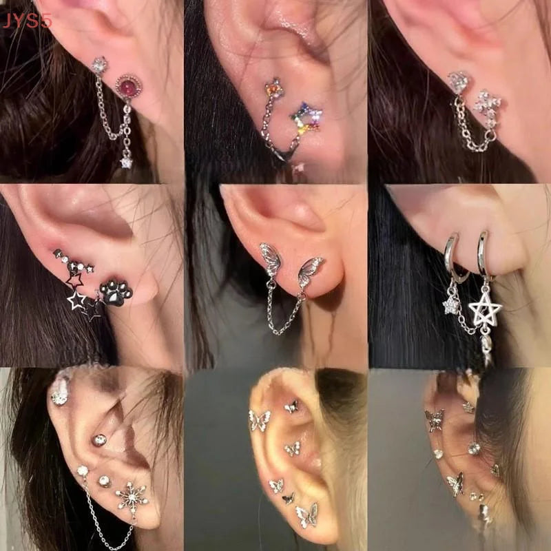 Double Ear Hole Ear Bone Chain Earrings | Sweet Cool Y2K Dazzle Color Jewelry