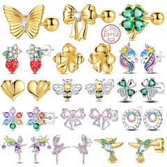 925 Stainless Steel Stud Earrings For Women Girls Simple Flower Bow Star Moon Zircon Piercing Studs