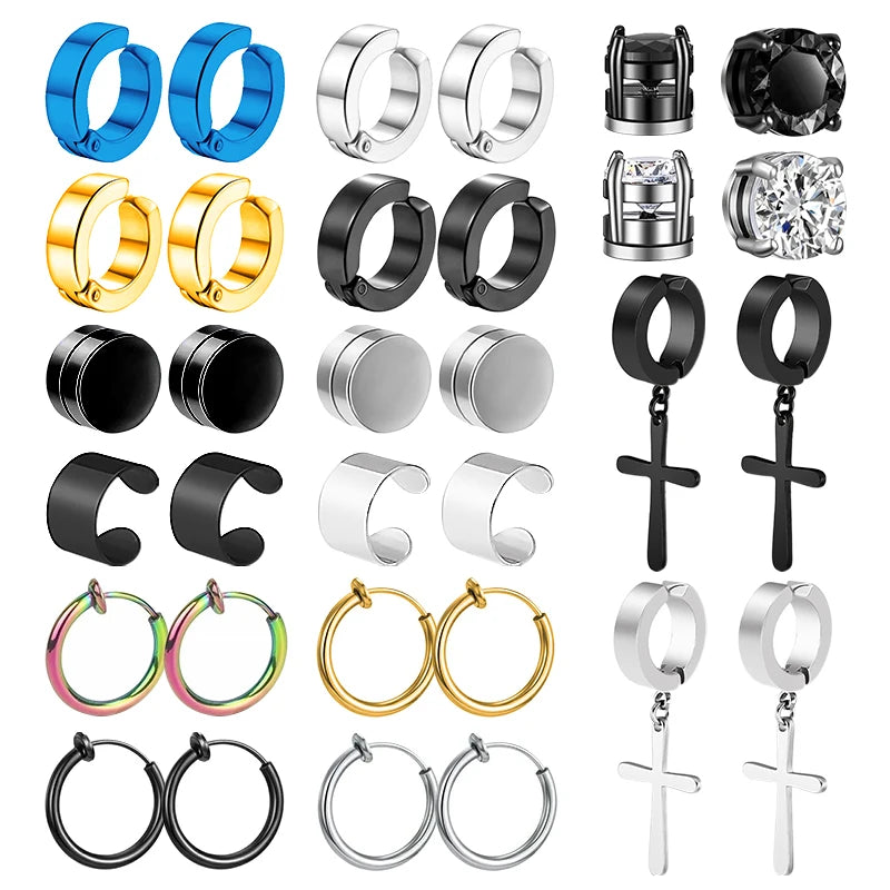 1/16 Pairs Magnetic Stud Earrings Men Stainless Steel Non-Piercing Cross Dangle Hoop alternate view
