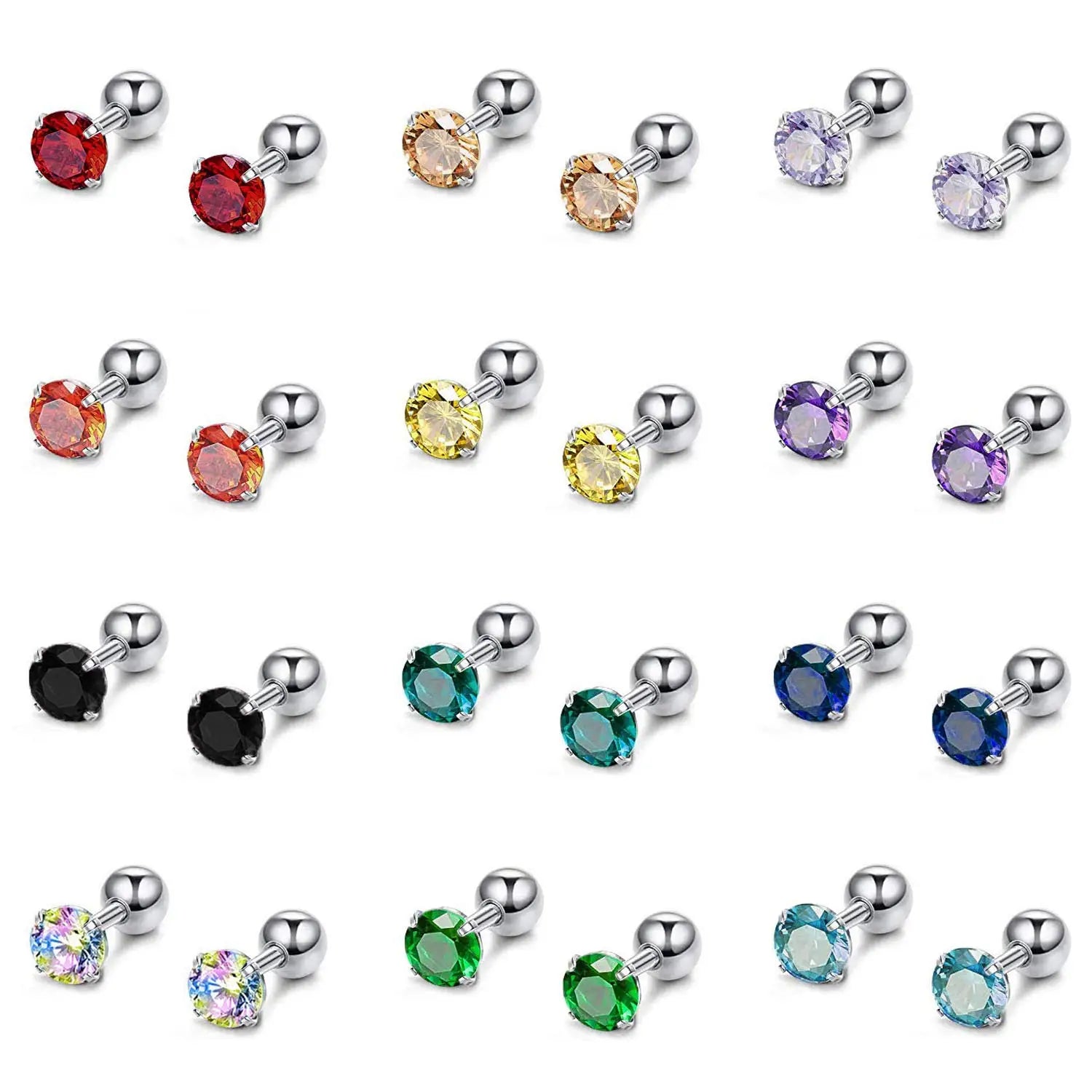 12 Pairs CZ Ear Stud Mixed Colors Cartilage Earrings Set Stainless Steel Barbell Studs Earrings Heli