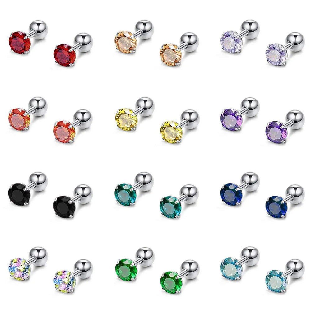 12 Pairs CZ Ear Stud Mixed Colors Cartilage Earrings Set Stainless Steel Barbell Studs Earrings Heli