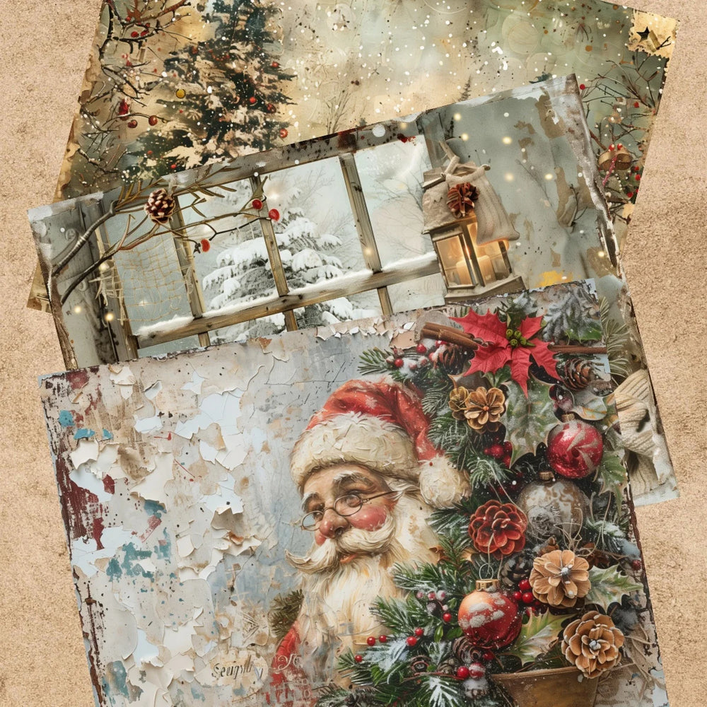 9 Sheets A5 Christmas Retro Santa Girl Vintage Grunge Paper Pack | Scrapbooking Journa close-up view
