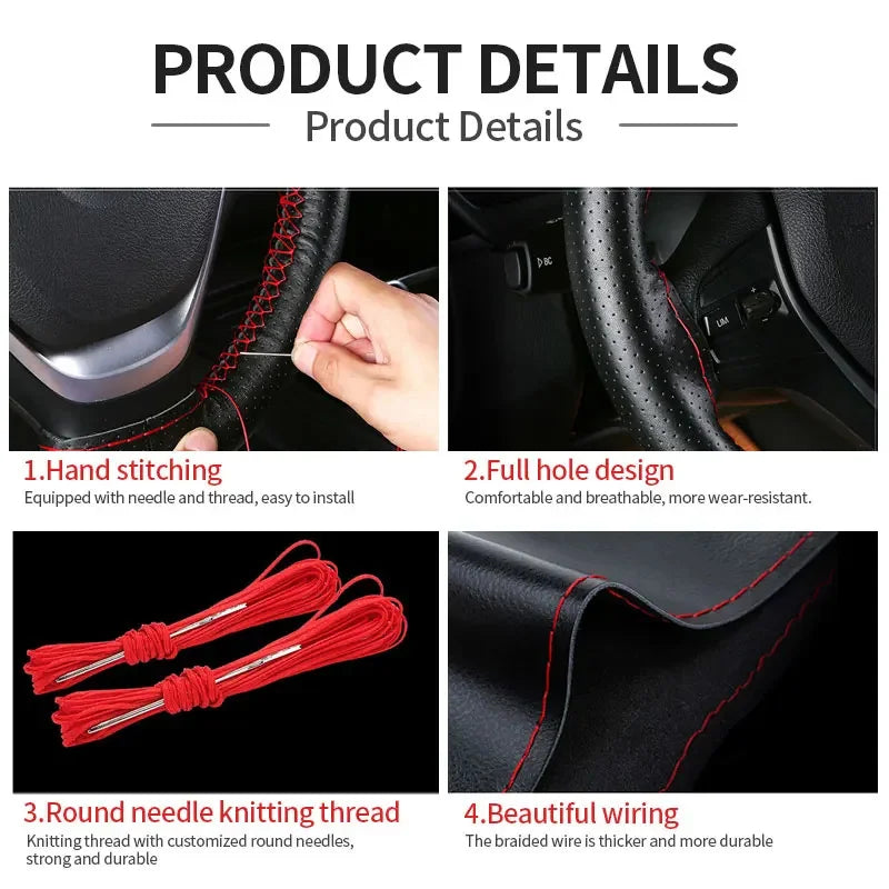 Genuine Leather Steering Wheel Cover, Anti Scratch, 15 Inch lifestyle view