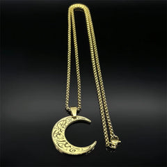 Crescent Moon Islamic Muslim Pendant Necklace | Stainless Steel Gold Color Arabic Quran detail view