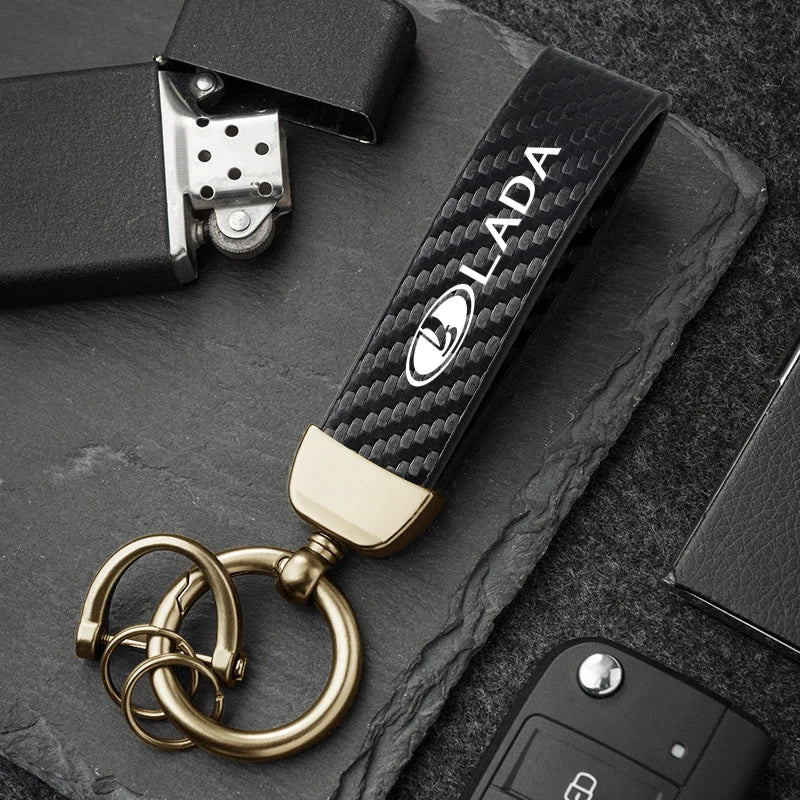 Car Carbon Fiber Style Keychain | Lada Accessory with Microfiber Leather close-up view