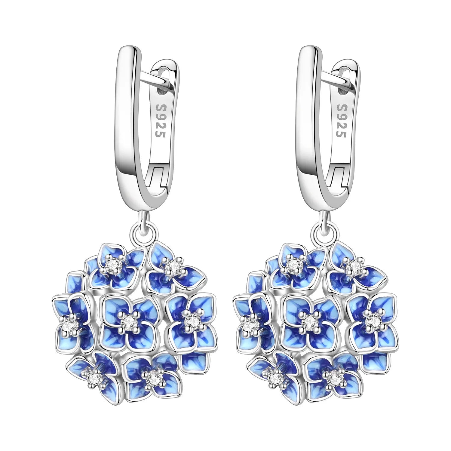 925 Sterling Silver Purple Flowers Plants Leaf Series Blue Iris Flower Earring Hoop Ea close-up view