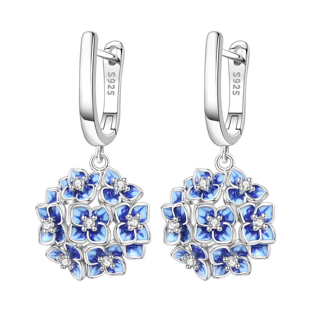 925 Sterling Silver Purple Flowers Plants Leaf Series Blue Iris Flower Earring Hoop Ea close-up view