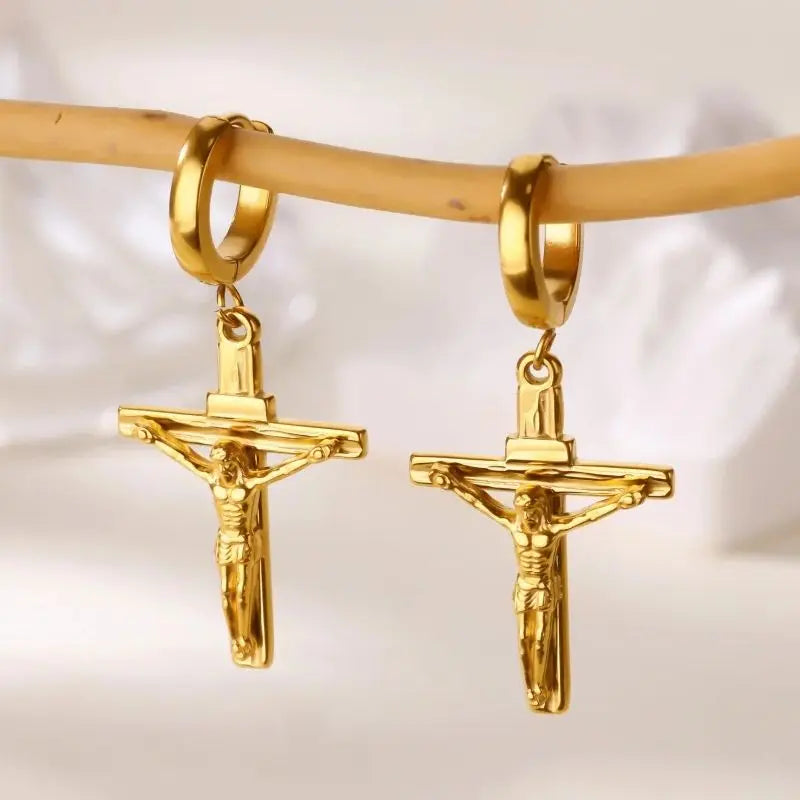 18K Gold Plated Portrait Coin Earrings | Stainless Steel Jesus Cross Dangle Huggie Earri detail view