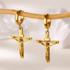 18K Gold Plated Portrait Coin Earrings | Stainless Steel Jesus Cross Dangle Huggie Earri detail view