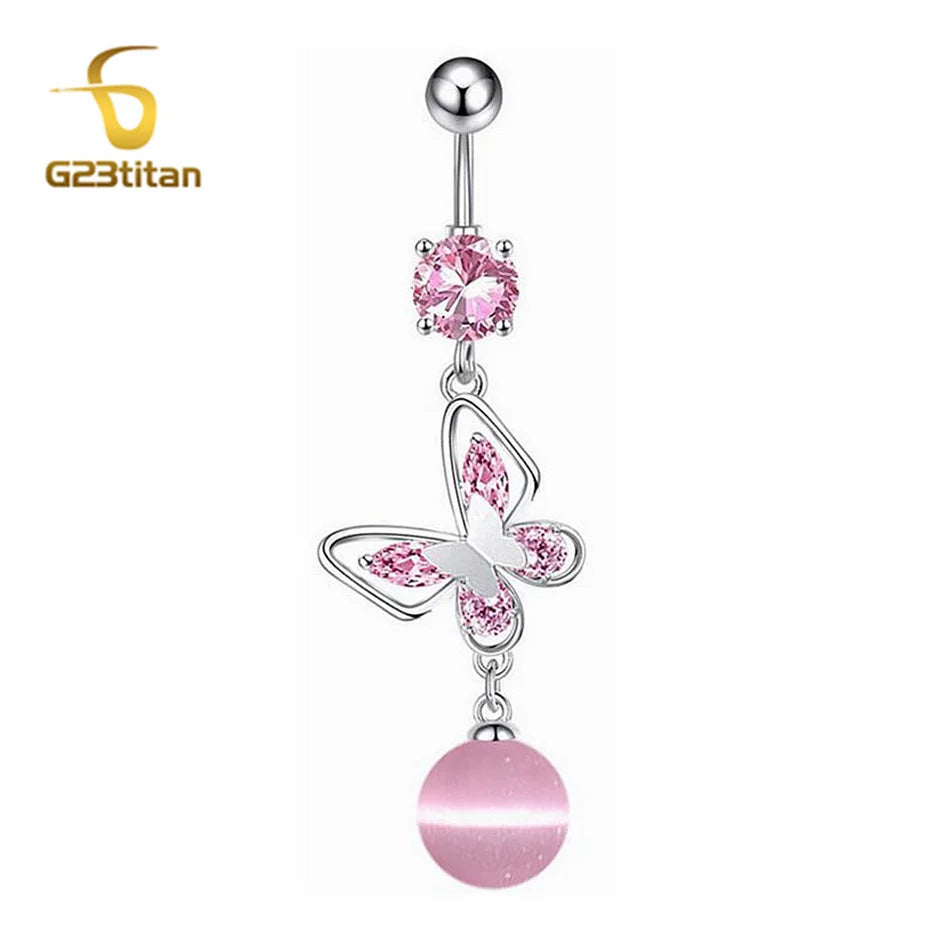 Long Belly Button Rings for Women 14G Titanium Bar Butterfly Heart Charms Dangle Navel P detail view