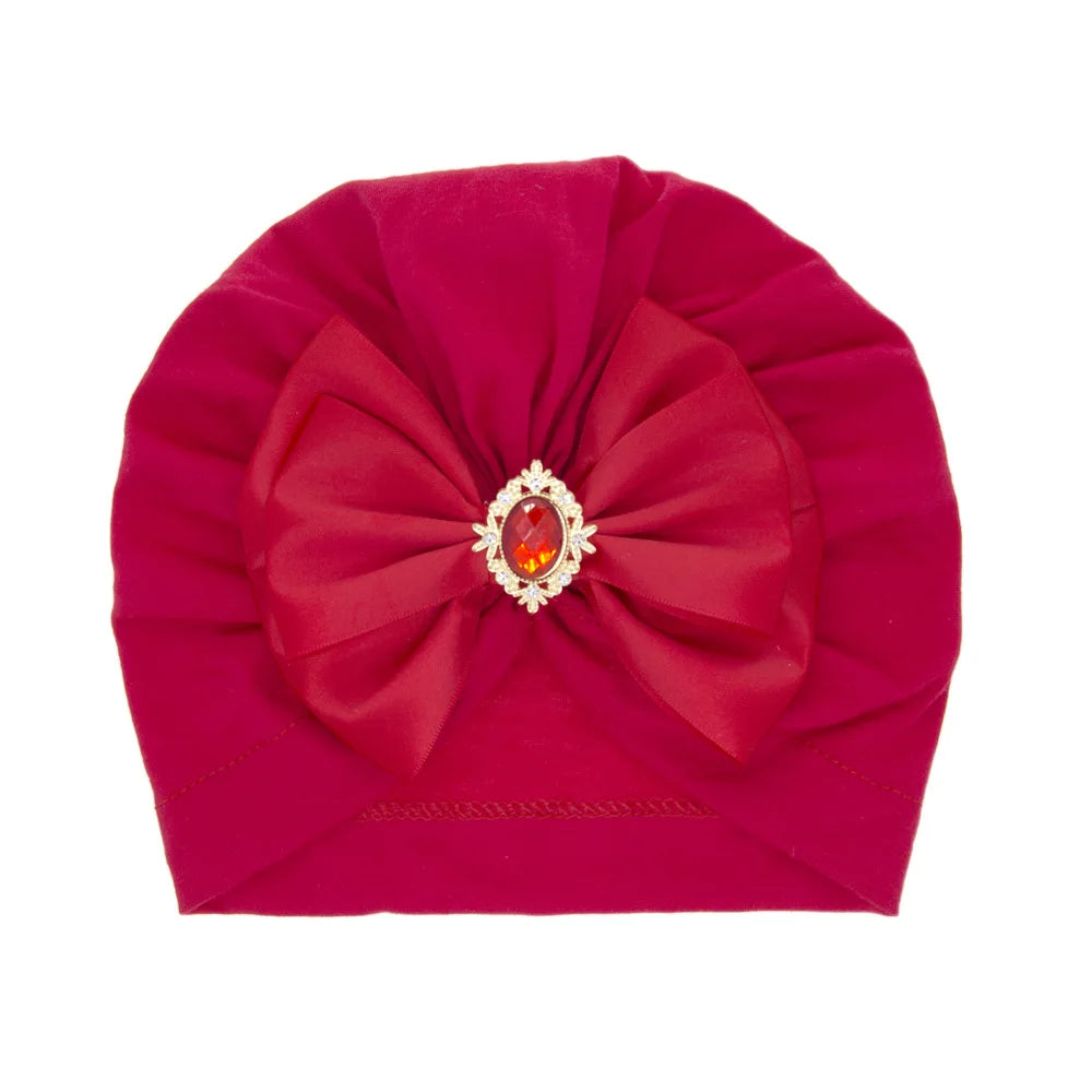 Solid Color Baby Turban Bow Beanie with Rhinestone | Handmade Infant Cap for Girls additional angle